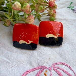 Blue and Red Square Earrings with Whale Ocean Design nautical preppy clip on
